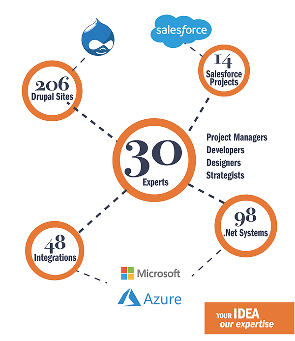 30 Consultants, 48 integrations, 206 Drupal websites, 98 web applications, 14 Salesforce projects